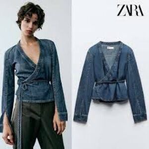 Zara Navy Blue Trf Denim Wrap Top Size M